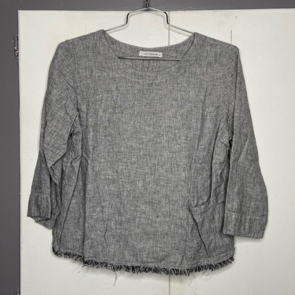 Cut Loose Women's Woven Long Sleeve crop Top Large Raw hem Gray Linen /Cotton